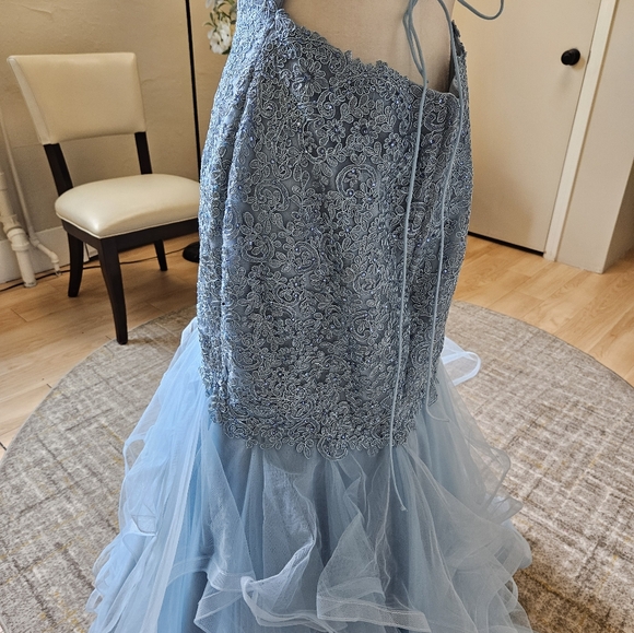 Size 12 (tag 14) light blue lace up crystal lace layered mermaid gownSherri Hill - Picture 6 of 9